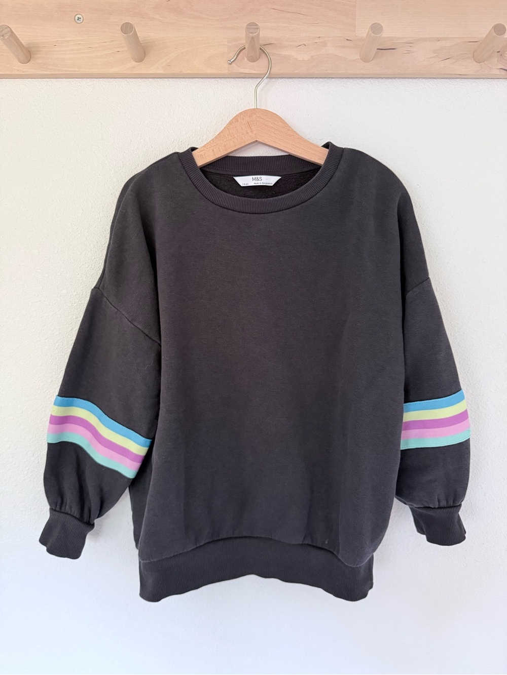 Marks & Spencer Girl’s Navy Sweatshirt with Pastel Stripe Sleeves